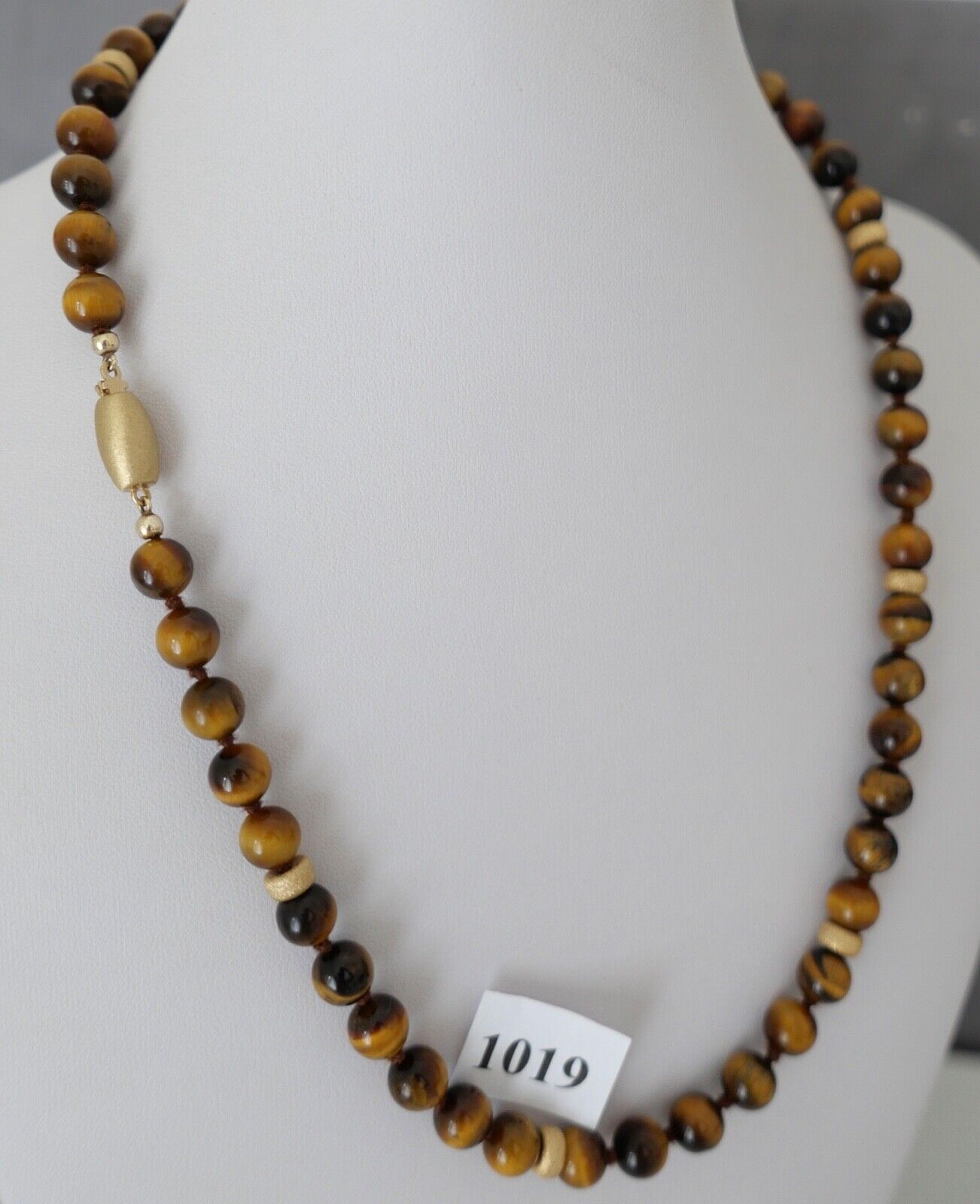 SET Kette Armreif Tiegerauge 51,5 cm Gold JKa 585 14K Perlen necklace Ø 8 mm - Antikhandel-Stuttgart