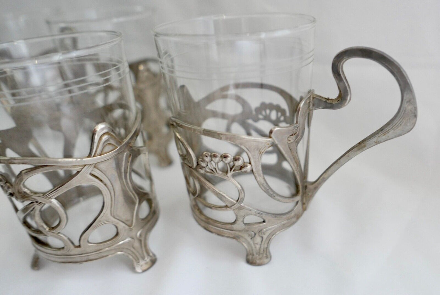 Set 6x Jugendstil Teeglashalter versilbert mit Schott Mainz JENAer Glas um 1900 - Antikhandel-Stuttgart