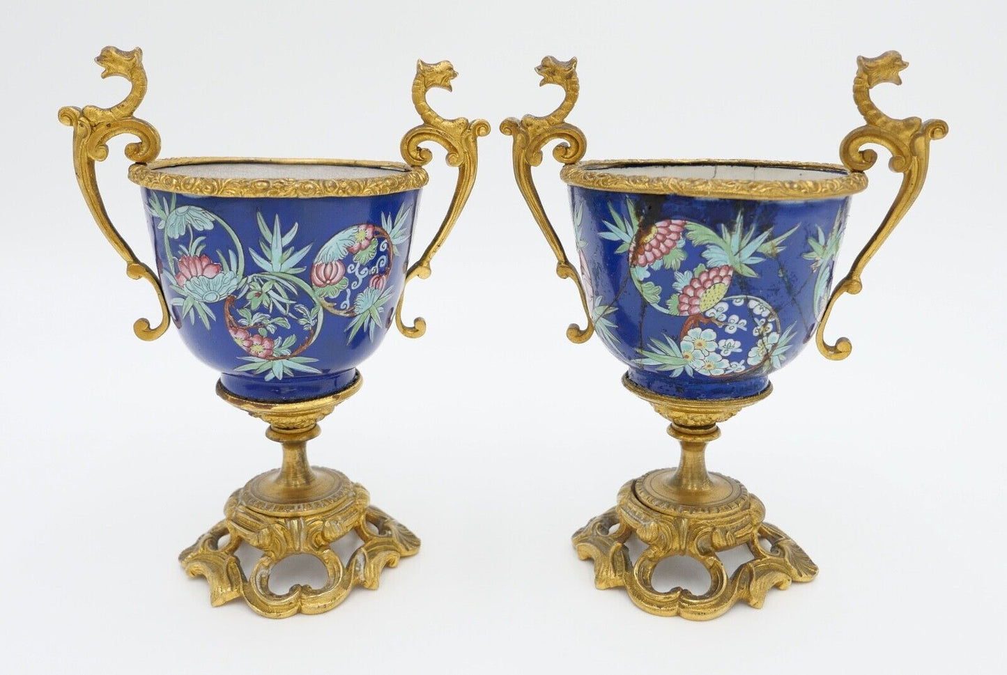 antik Mitte 19. Jhd 2x Kelch Becher Pokal feuervergoldet handbemalt Krakelee - Antikhandel-Stuttgart