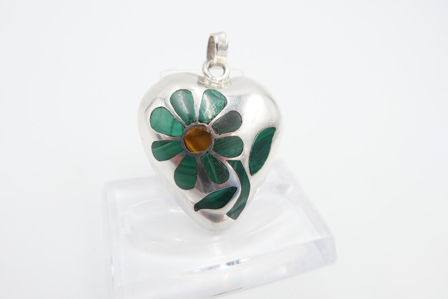 925 Silber Taxco Antonio Hernandez Herz Anhänger mit Malachit Tigerauge 40x35 mm - Antikhandel-Stuttgart