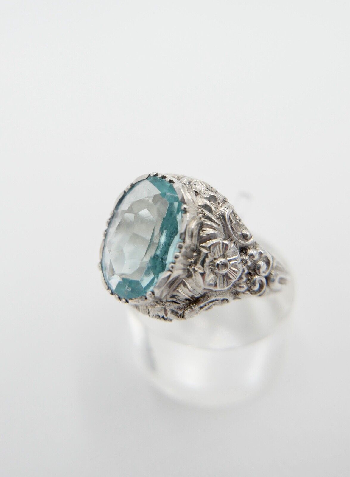 JUGENDSTIL Damenring 835 Silber Gr. 57 floral Glasstein Türkis Blau - Antikhandel-Stuttgart