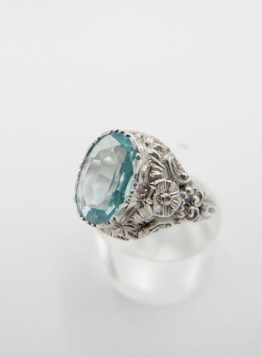 JUGENDSTIL Damenring 835 Silber Gr. 57 floral Glasstein Türkis Blau - Antikhandel-Stuttgart