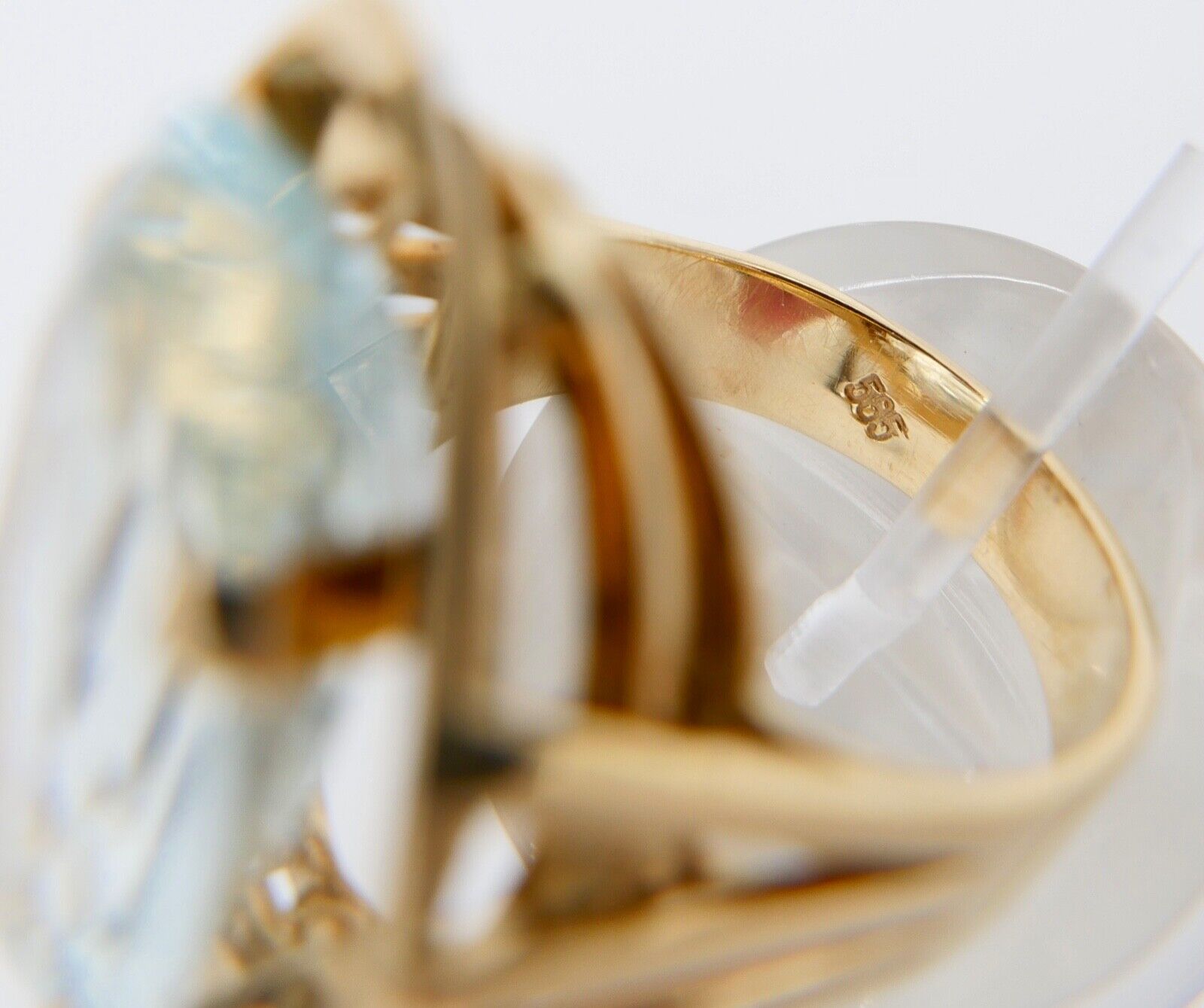 19,2 Ct Gelb Gold Damen Ring Navette Form Gr. 56 - 57 XXL blauer Stein 585 14K - Antikhandel-Stuttgart