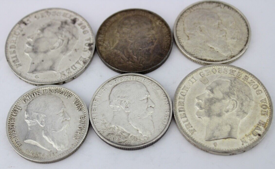 6x 2 & 3 Mark 1902 - 1914 " Friedrich Baden " Jäger J. 30 34 36 39 Silber - Antikhandel-Stuttgart
