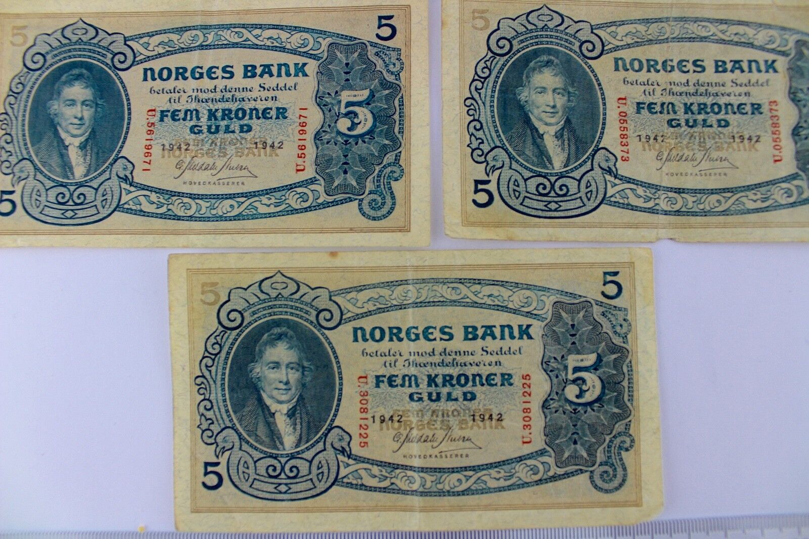 3x Banknote 5 KRONER 1942 Norwegen old bill Norway Norges Bank FEM GULD - Antikhandel-Stuttgart