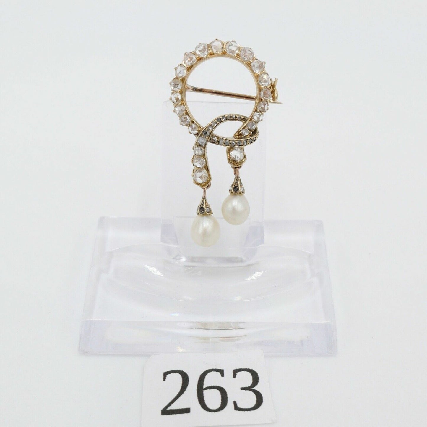 Antike um 1850 Gold Diamant Perle Schleifen Brosche 2,3Ct 585 14K Rosenschliff - Antikhandel-Stuttgart