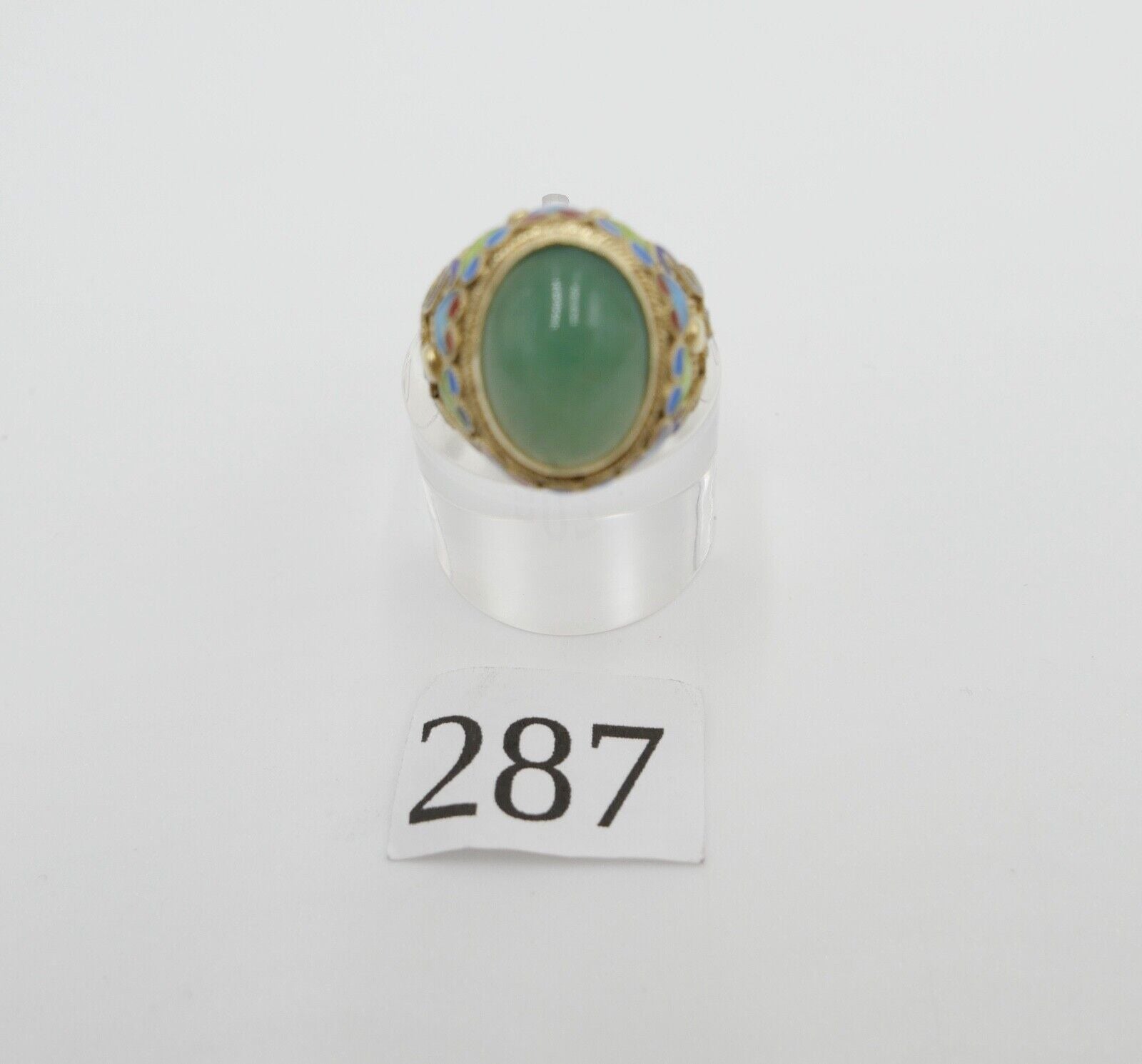 Alter Silber Ring China Silver Emaille & Jade Cabochon Email Gr. 51 vergoldet - Antikhandel-Stuttgart