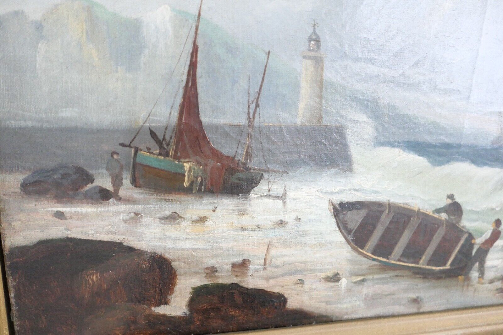 85,5 x 63 cm Gemälde Meer Schiffe Öl auf Leinwand Goldrahmen Prunkrahmen - Antikhandel-Stuttgart