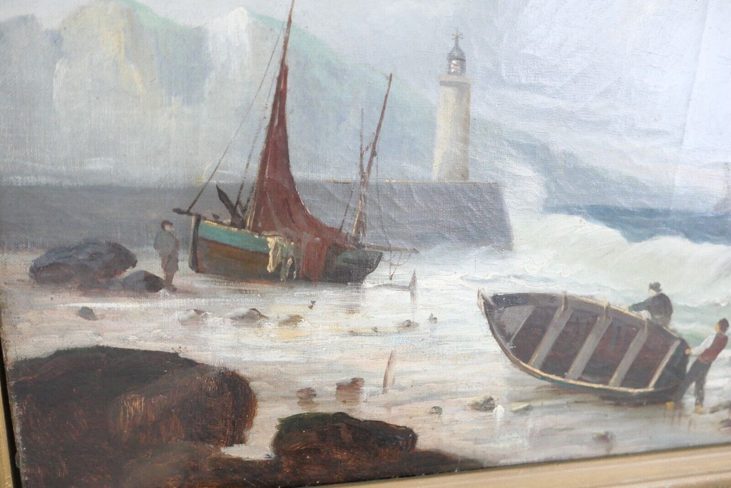 85,5 x 63 cm Gemälde Meer Schiffe Öl auf Leinwand Goldrahmen Prunkrahmen - Antikhandel-Stuttgart