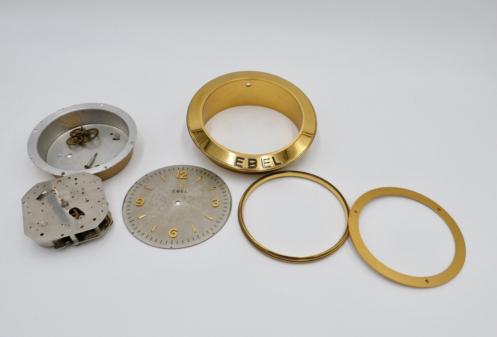 alte & sehr seltene EBEL 60er Tischuhr Gold Messing Ø13,5 cm DEFEKT Ersatzteile - Antikhandel-Stuttgart