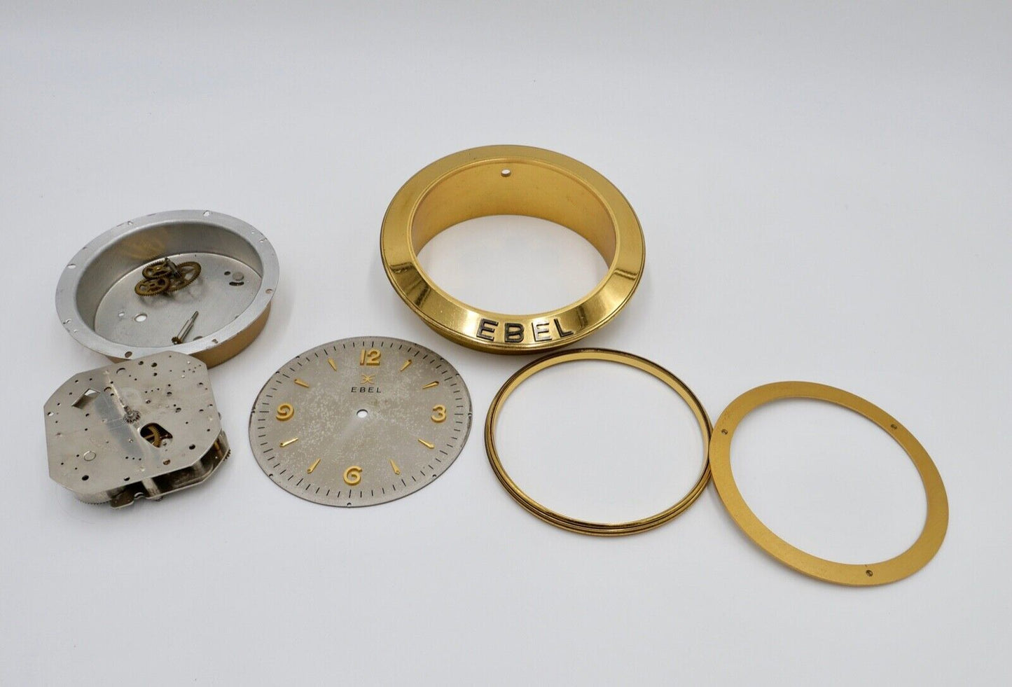 alte & sehr seltene EBEL 60er Tischuhr Gold Messing Ø13,5 cm DEFEKT Ersatzteile - Antikhandel-Stuttgart