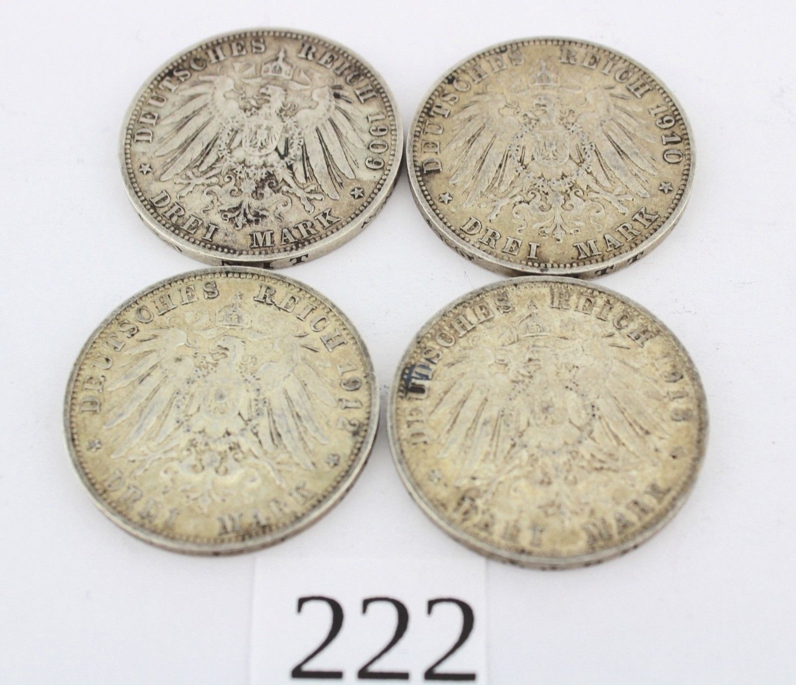 4x 3 Mark " OTTO " König von Bayern 1909 1910 1912 1913 D Jäger J. 47 Silber - Antikhandel-Stuttgart