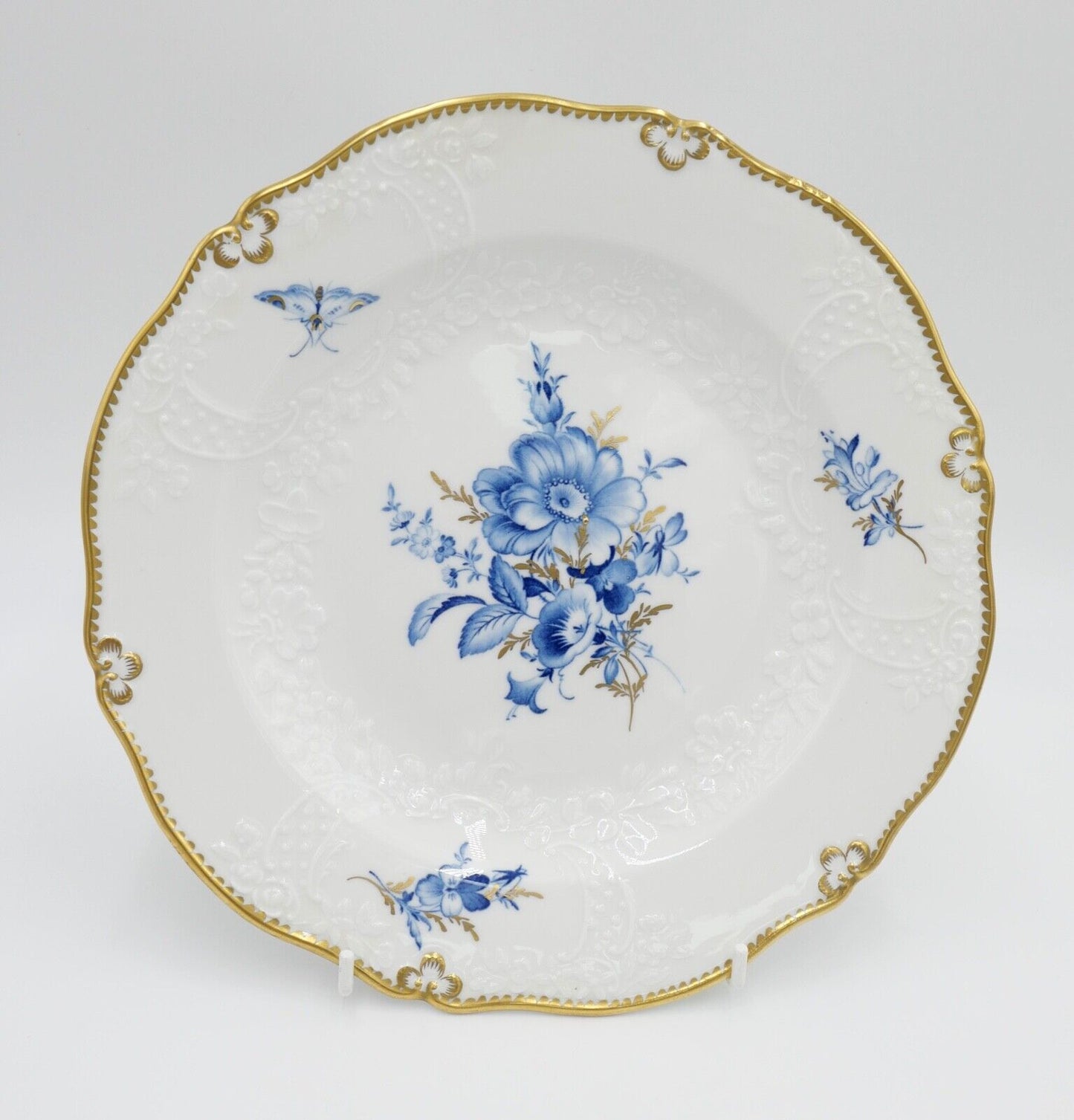Meissen Porzellan Relief Teller Ø 25cm Goldrand Blumen Schmetterling Blau 3701 - Antikhandel-Stuttgart