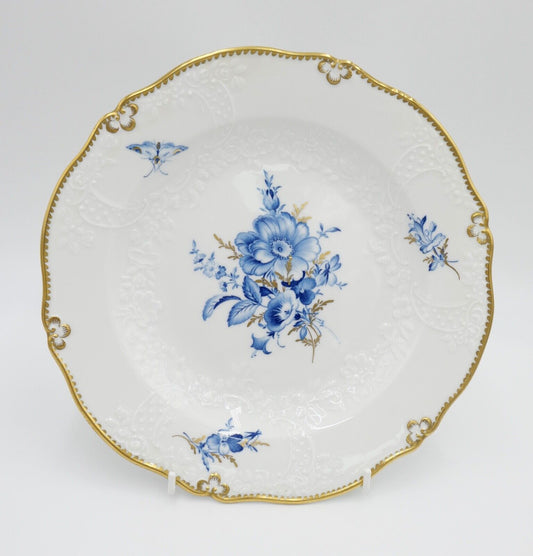 Meissen Porzellan Relief Teller Ø 25cm Goldrand Blumen Schmetterling Blau 3701 - Antikhandel-Stuttgart