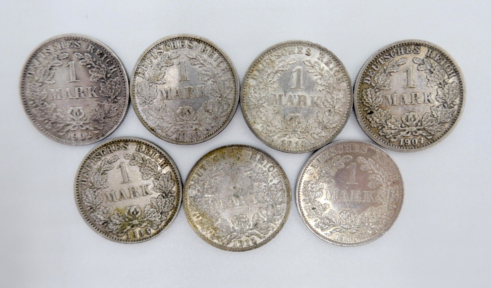7x 1 Mark 1902 1903 1904 1910 1914 1915 D F G A Silbermünze Jäger J.17 - Antikhandel-Stuttgart