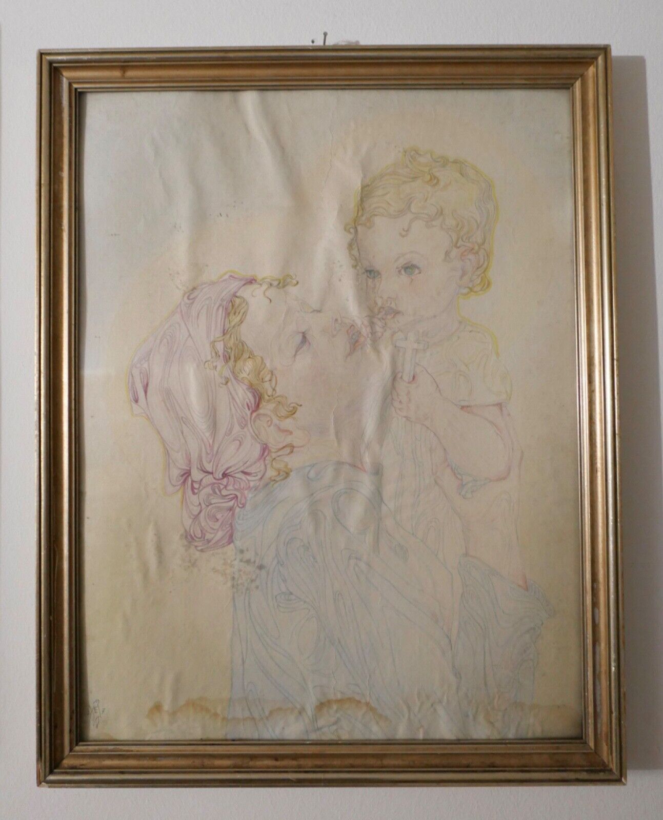 Alte bunte Bleistiftzeichnung Frau mit Kind und Kreuz signiert 41x52 cm - Antikhandel-Stuttgart