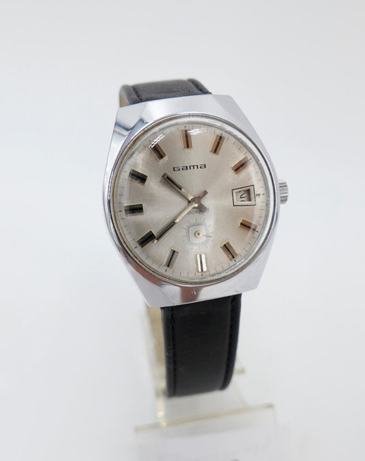 Vintage 70er Jahre GAMA FE 233-66 Handaufzug 34x38 mm Edelstahl neues Lederband - Antikhandel-Stuttgart
