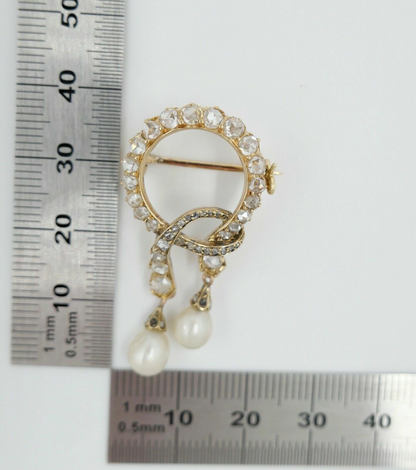 Antike um 1850 Gold Diamant Perle Schleifen Brosche 2,3Ct 585 14K Rosenschliff - Antikhandel-Stuttgart