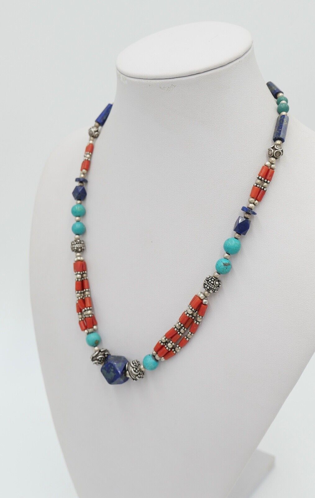 925 Silber Collier 47 cm mit Lapislazuli / Lapis / Türkis / Koralle - Antikhandel-Stuttgart