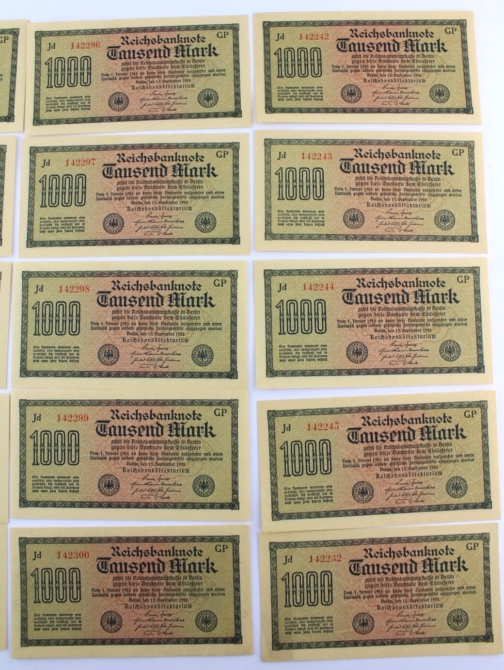 15x Ro. 75d Banknote 1000 Mark 1922 TOP Kassenfrisch fortlaufende Nr old Bill - Antikhandel-Stuttgart
