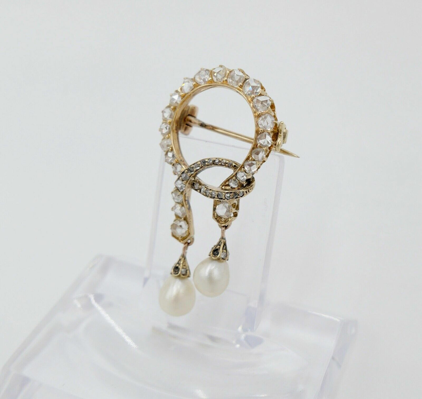 Antike um 1850 Gold Diamant Perle Schleifen Brosche 2,3Ct 585 14K Rosenschliff - Antikhandel-Stuttgart