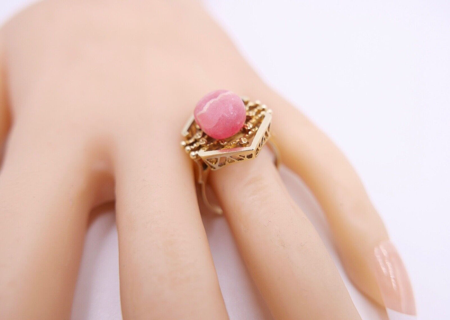 1980er Gold Ring 585 14K mit Rosa Rhodochrosit Gr. 60 Damenring rautenförmig - Antikhandel-Stuttgart