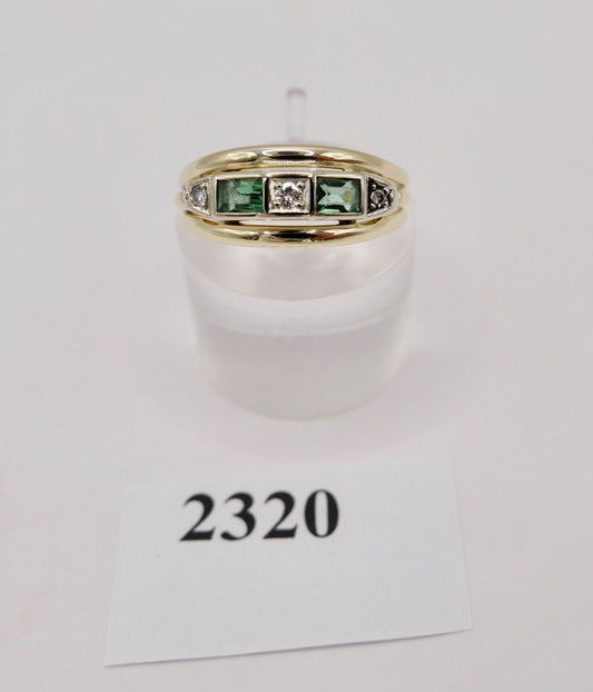 80er Jahre Bicolor Damen Gold Ring 585 14K Brilliant & Turmalin Grün Gr. 58 - Antikhandel-Stuttgart