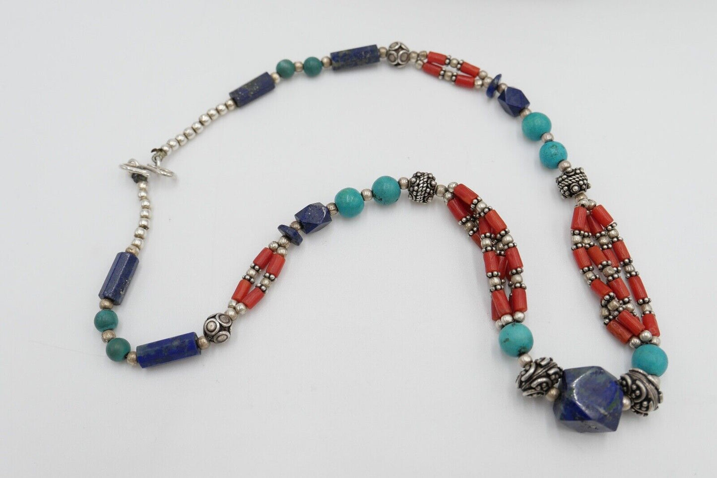 925 Silber Collier 47 cm mit Lapislazuli / Lapis / Türkis / Koralle - Antikhandel-Stuttgart