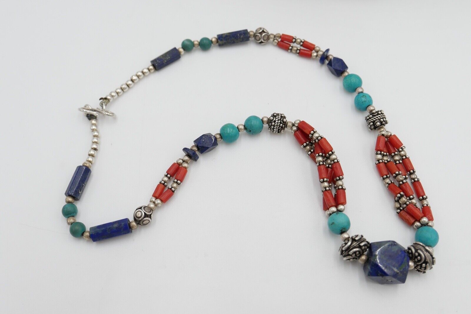 925 Silber Collier 47 cm mit Lapislazuli / Lapis / Türkis / Koralle - Antikhandel-Stuttgart