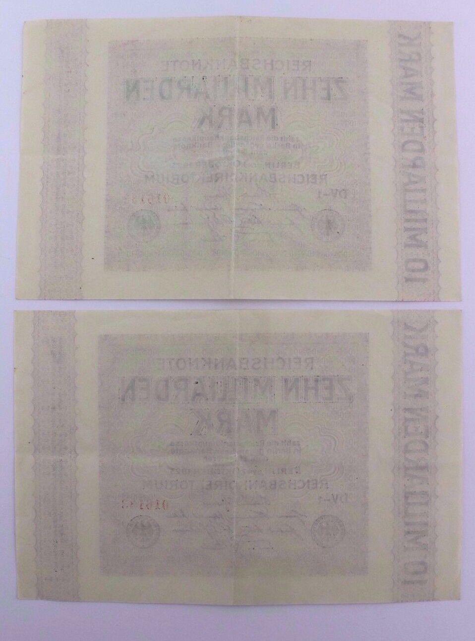 2x Ro. 114a Banknote 10 Milliarden Mark fortlaufende Nummer 1923 TOP old Bill - Antikhandel-Stuttgart