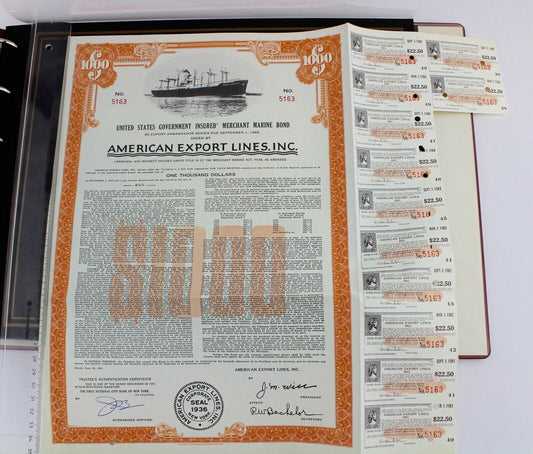 American Export Lines Inc 1961 alte USA Aktie Stock Certificate 1000 $ Dollar - Antikhandel-Stuttgart