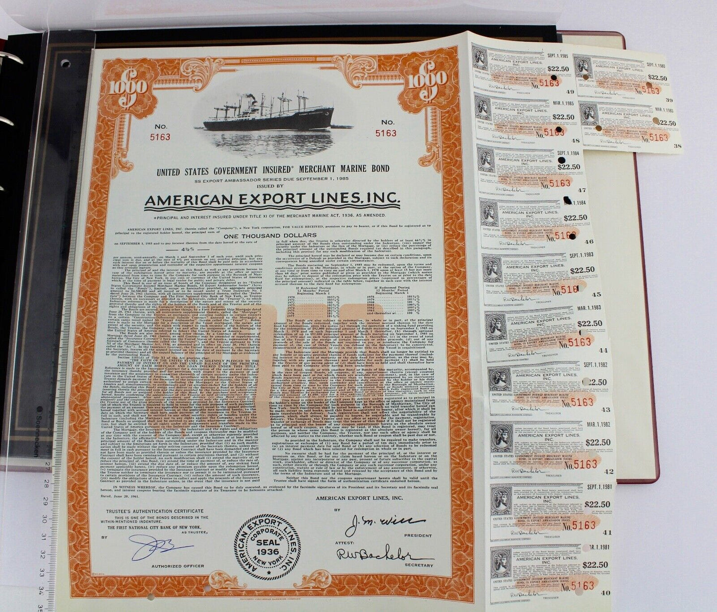 American Export Lines Inc 1961 alte USA Aktie Stock Certificate 1000 $ Dollar - Antikhandel-Stuttgart