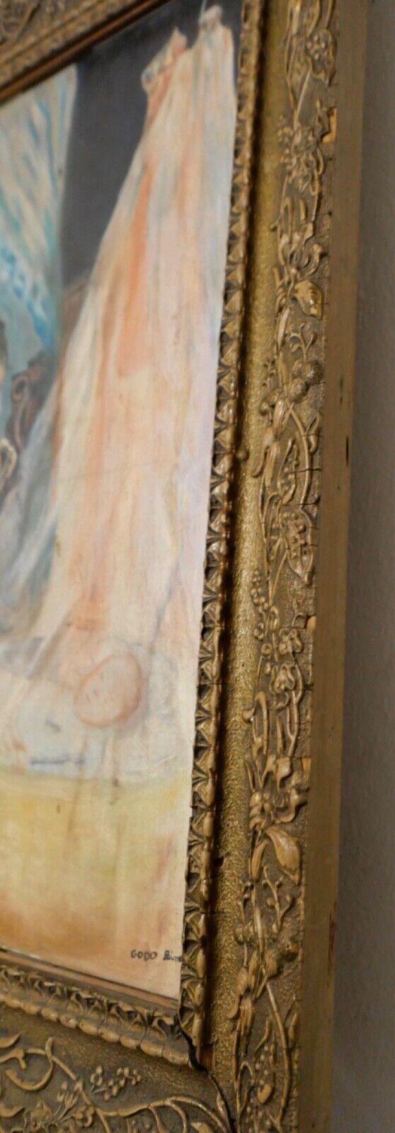 Gemälde Öl oil Leinwand 67x51 cm signiert "GODO" Vater an Kinderwiege - Antikhandel-Stuttgart