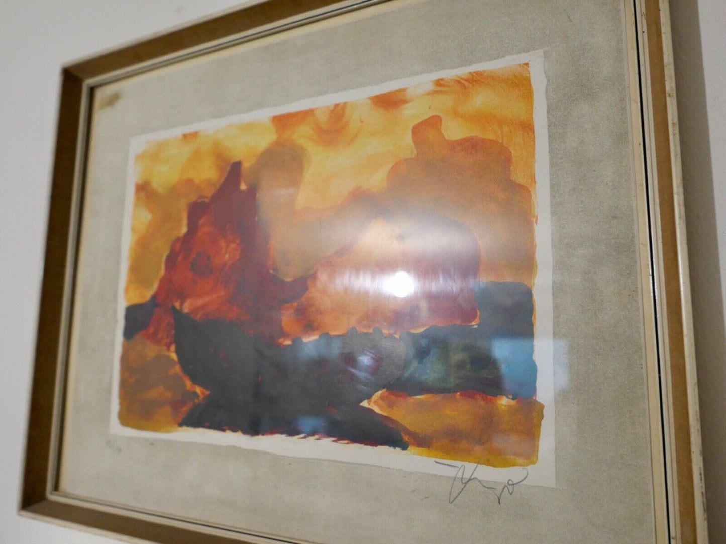 Aquarell signiert 52x42 cm Bild Bunt in Glass Rahmen - Antikhandel-Stuttgart