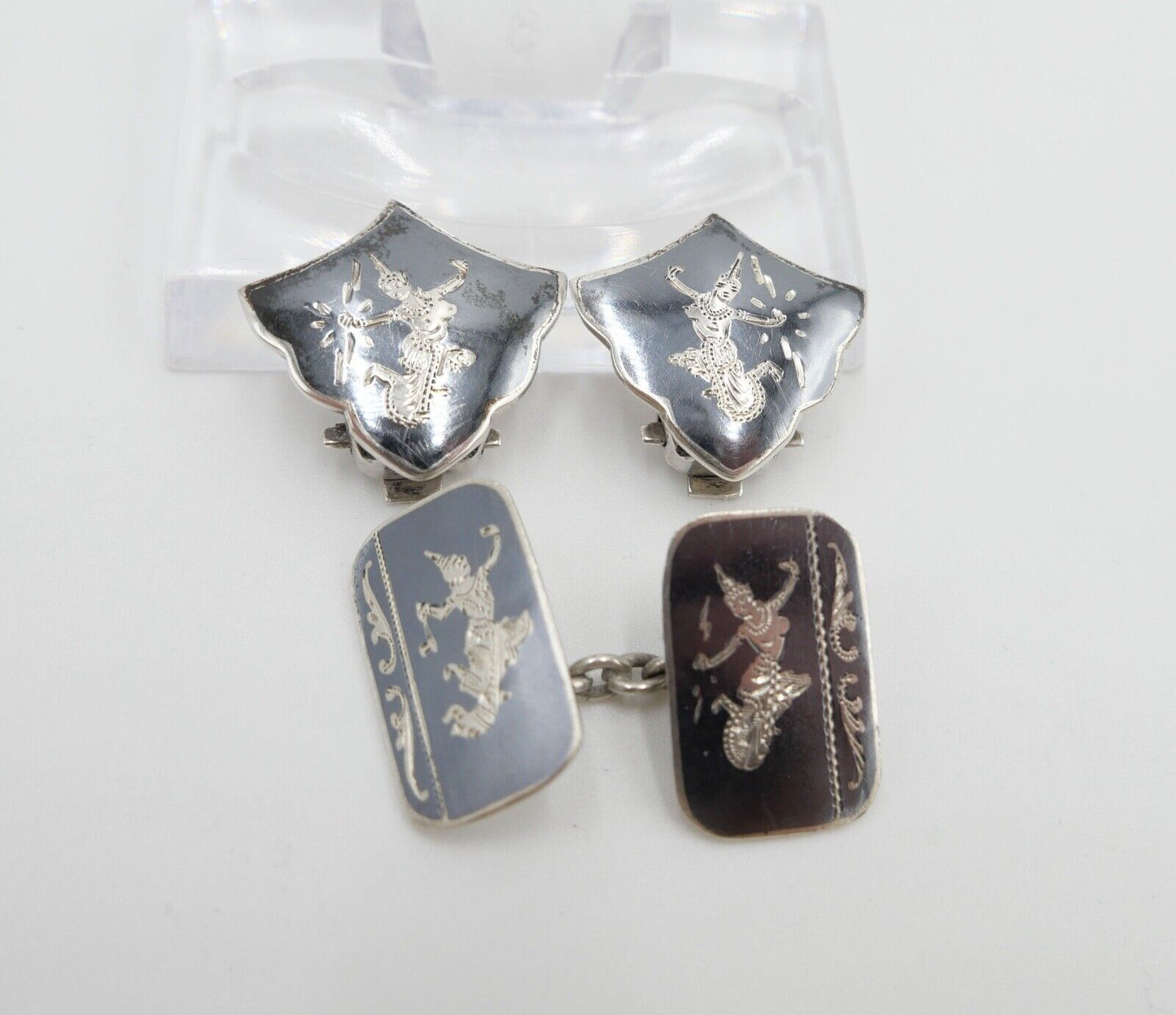 30er 40er Vintage Siam Sterling Silber Dunkelblau Grau Emaille Ohrclips - Antikhandel-Stuttgart