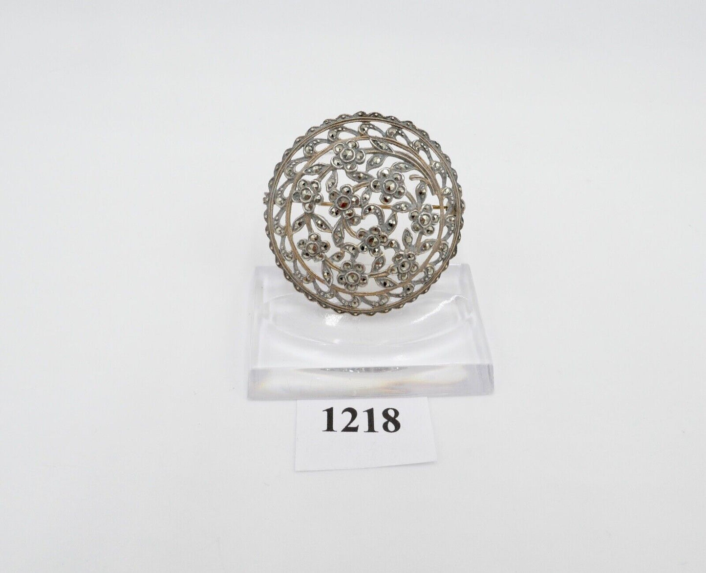 Jugendstil Brosche floral 835 Silber vergoldet mit Markasiten Ø 40 mm - Antikhandel-Stuttgart
