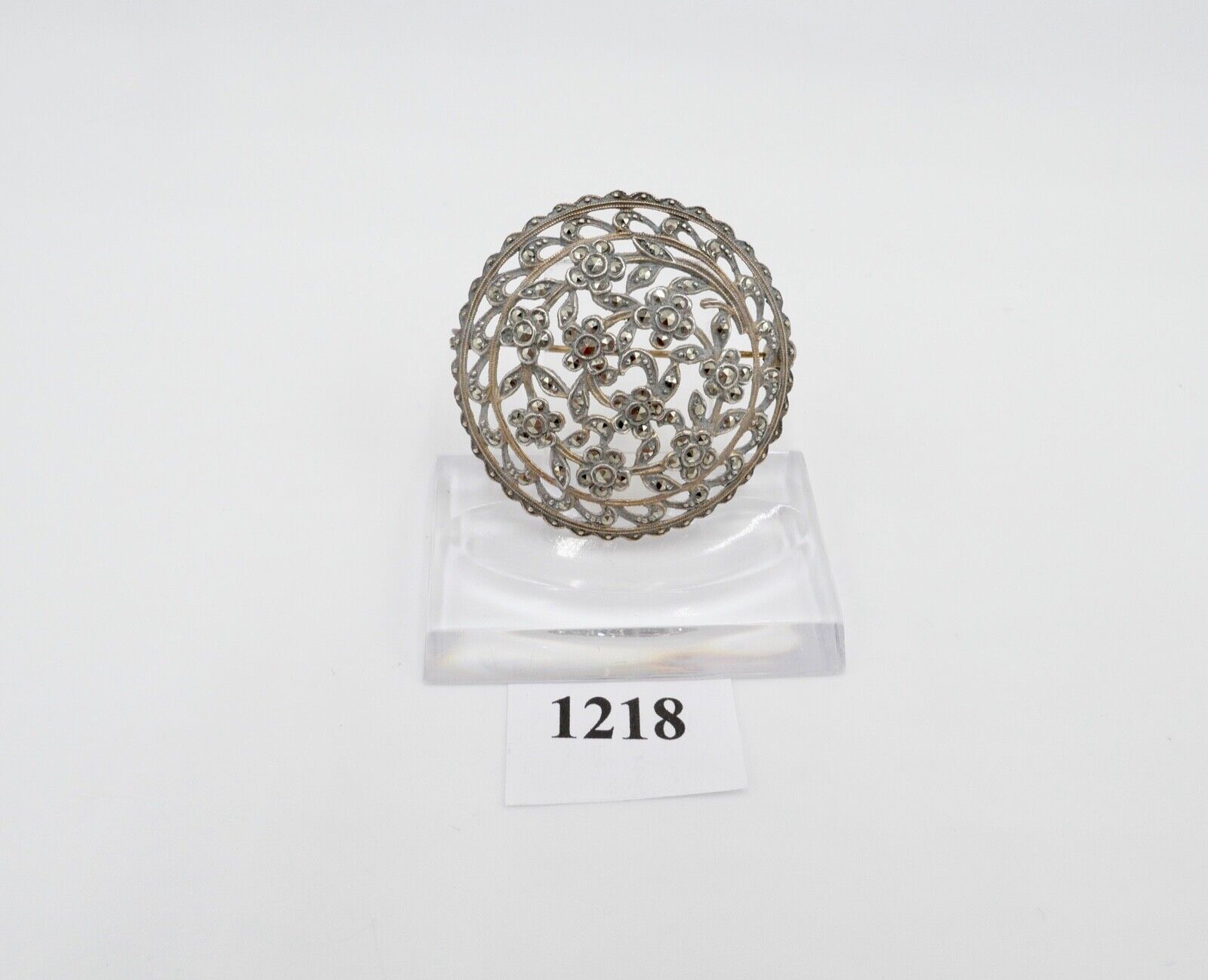 Jugendstil Brosche floral 835 Silber vergoldet mit Markasiten Ø 40 mm - Antikhandel-Stuttgart