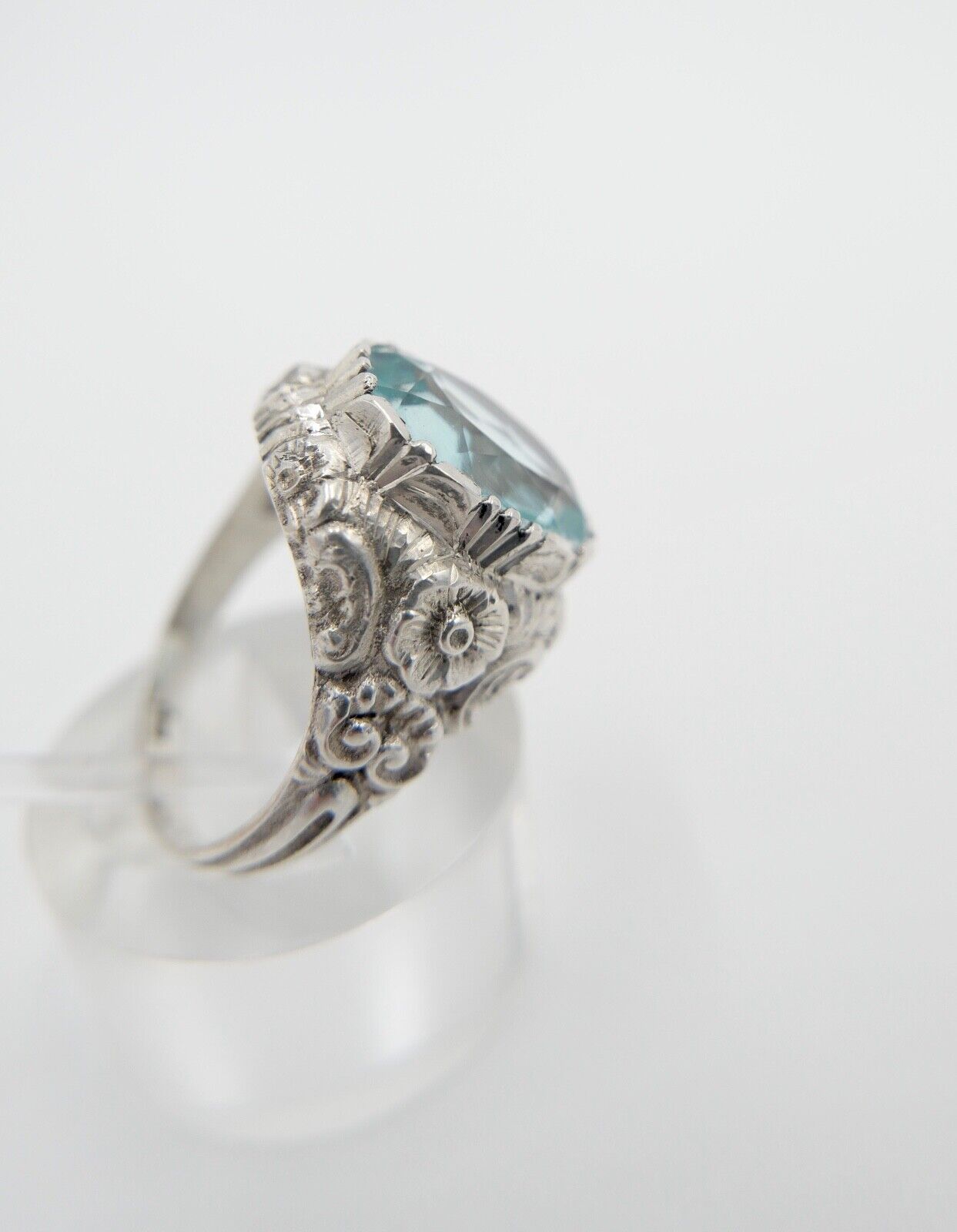 JUGENDSTIL Damenring 835 Silber Gr. 57 floral Glasstein Türkis Blau - Antikhandel-Stuttgart