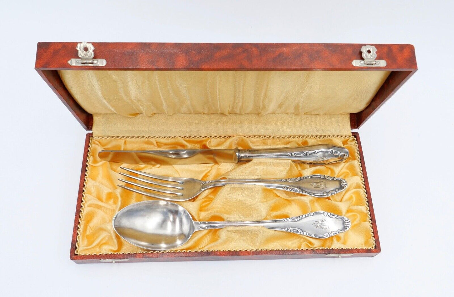 1920 Besteck 3 teilig S.J. & Co. versilbert 90 Monogramm LM / ML mit Etui - Antikhandel-Stuttgart