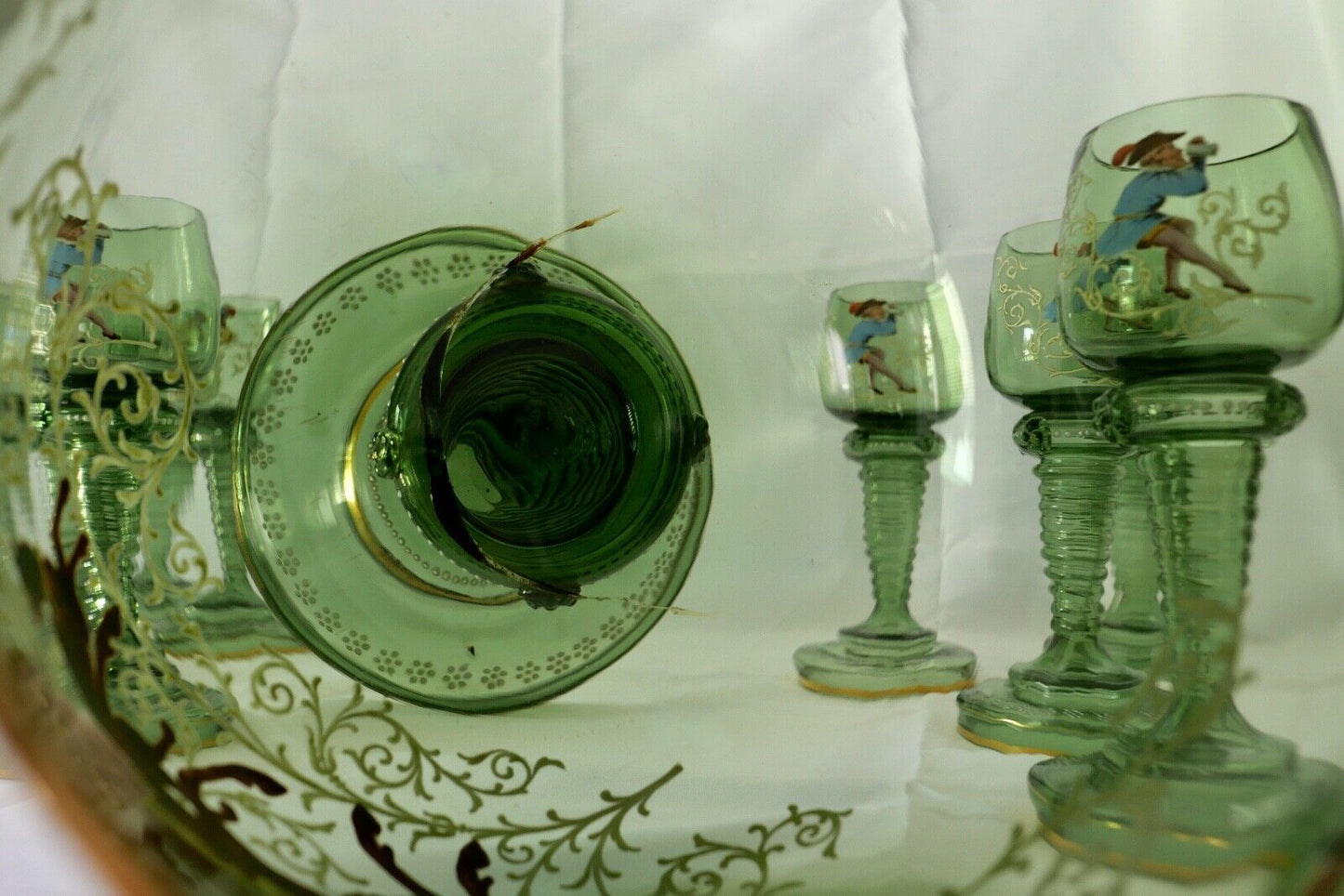 Antike Weinrömer Gläser Pokal XXL Bowle Set grün Emaille RAR Goldrand 53cm 1900 - Antikhandel-Stuttgart