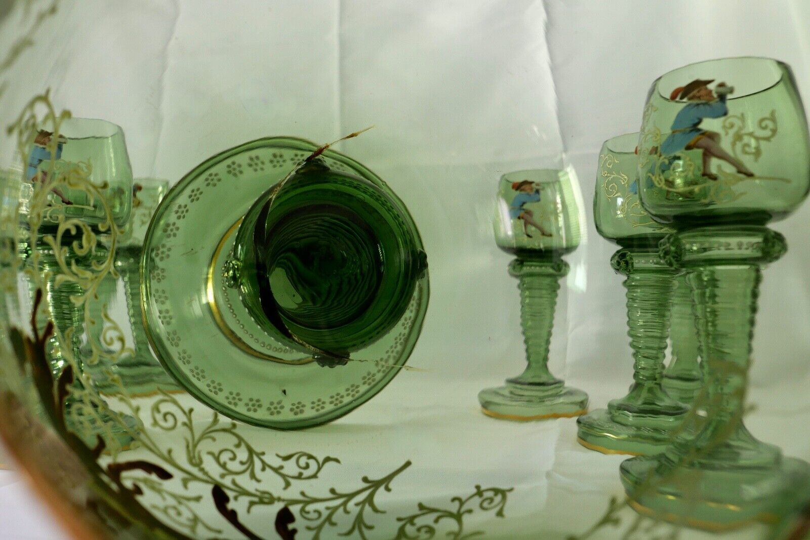 Antike Weinrömer Gläser Pokal XXL Bowle Set grün Emaille RAR Goldrand 53cm 1900 - Antikhandel-Stuttgart