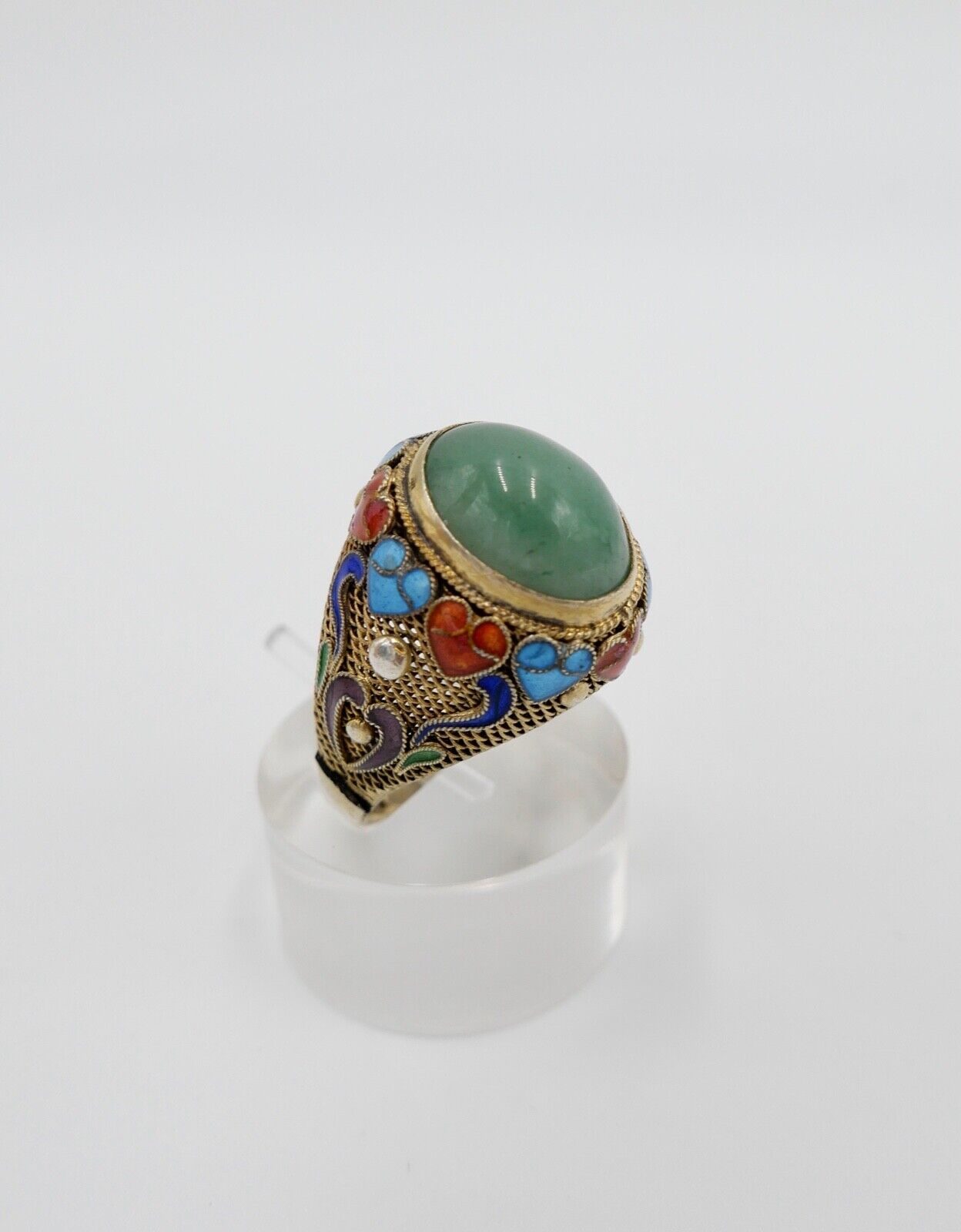 60er Jahre Silber Ring vergoldet Emaille Jade Cabochon Gr. 55 China Silver - Antikhandel-Stuttgart