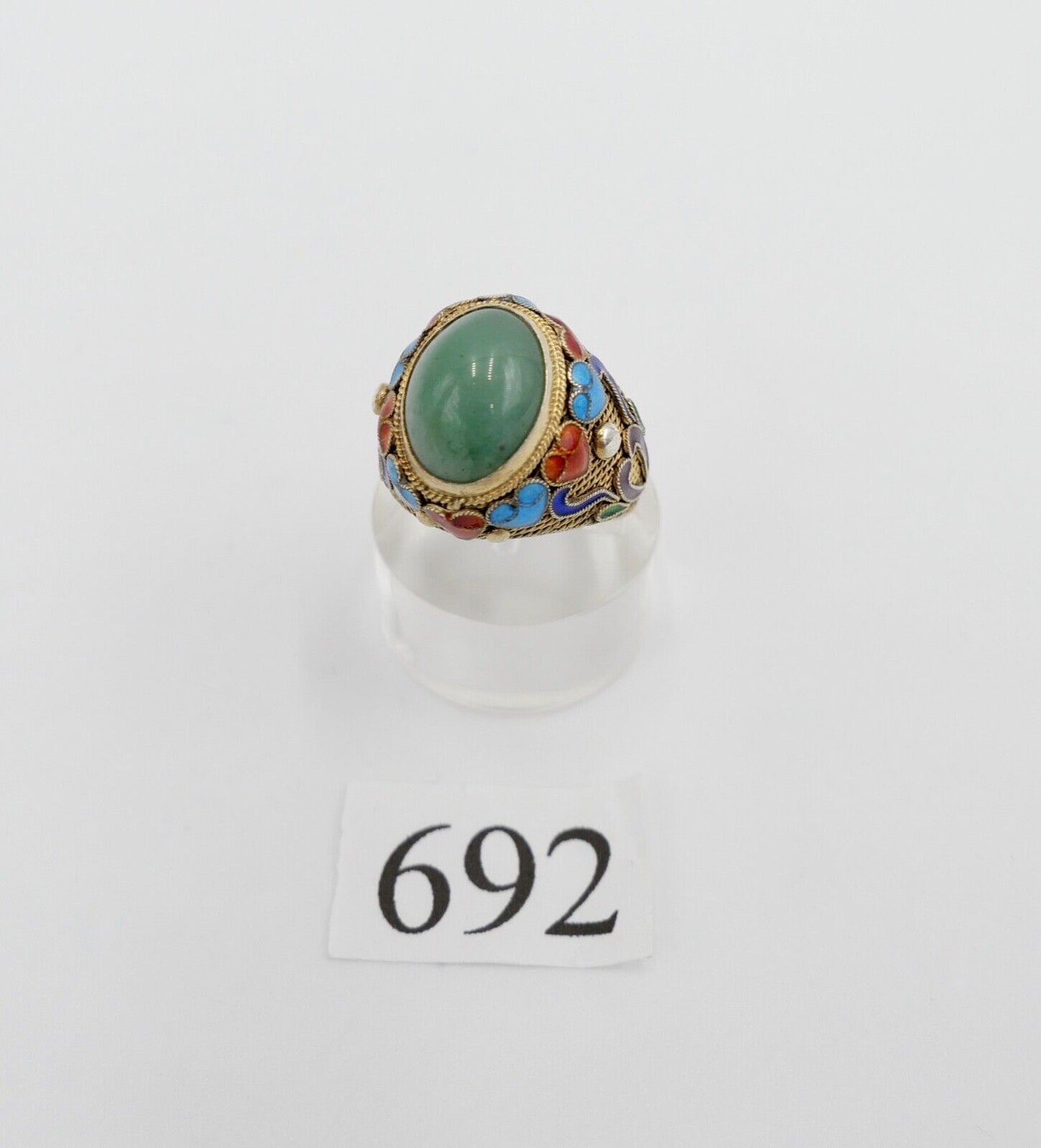 60er Jahre Silber Ring vergoldet Emaille Jade Cabochon Gr. 55 China Silver - Antikhandel-Stuttgart