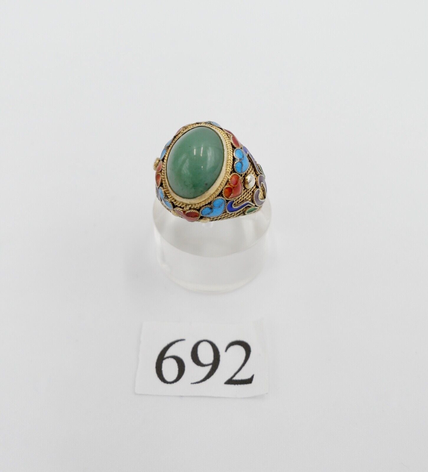 60er Jahre Silber Ring vergoldet Emaille Jade Cabochon Gr. 55 China Silver - Antikhandel-Stuttgart