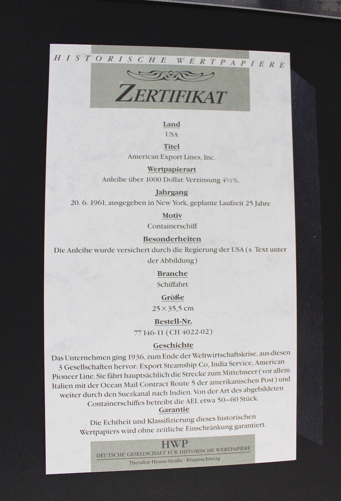American Export Lines Inc 1961 alte USA Aktie Stock Certificate 1000 $ Dollar - Antikhandel-Stuttgart