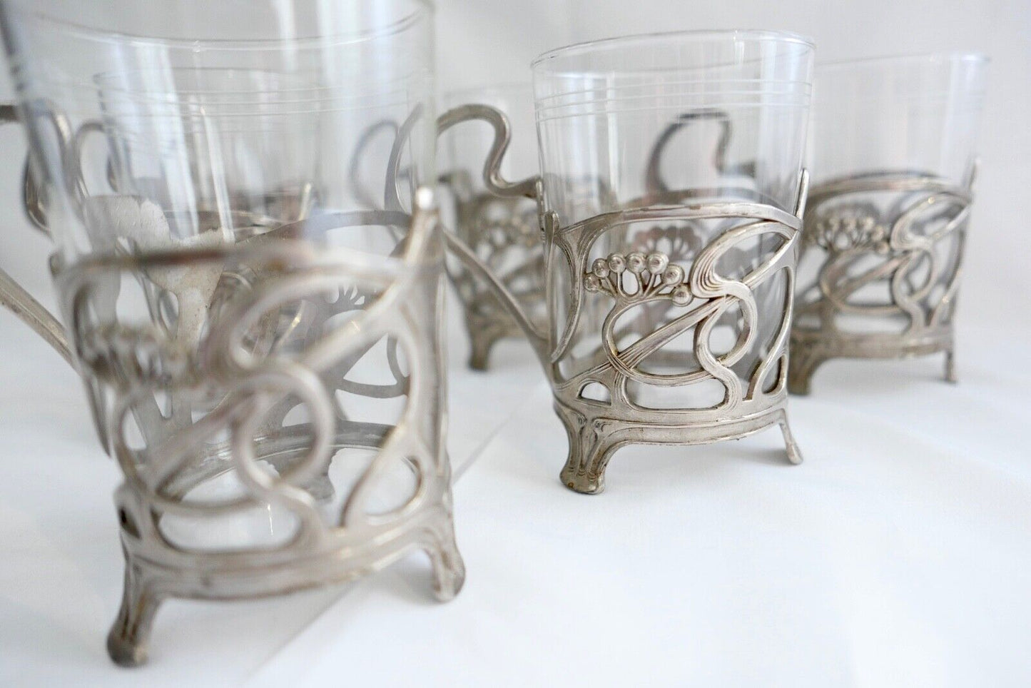 Set 6x Jugendstil Teeglashalter versilbert mit Schott Mainz JENAer Glas um 1900 - Antikhandel-Stuttgart