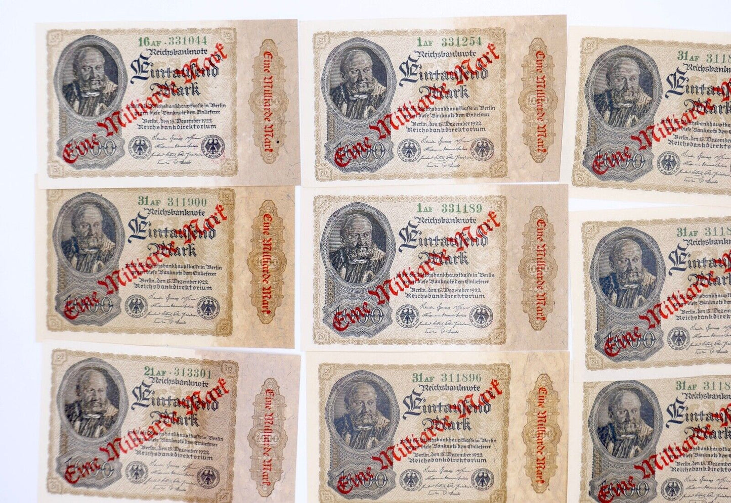 13x Ro. 110b Banknote 1 Milliarde Mark Überdruck KFR fortlaufend Kassenfrisch - Antikhandel-Stuttgart