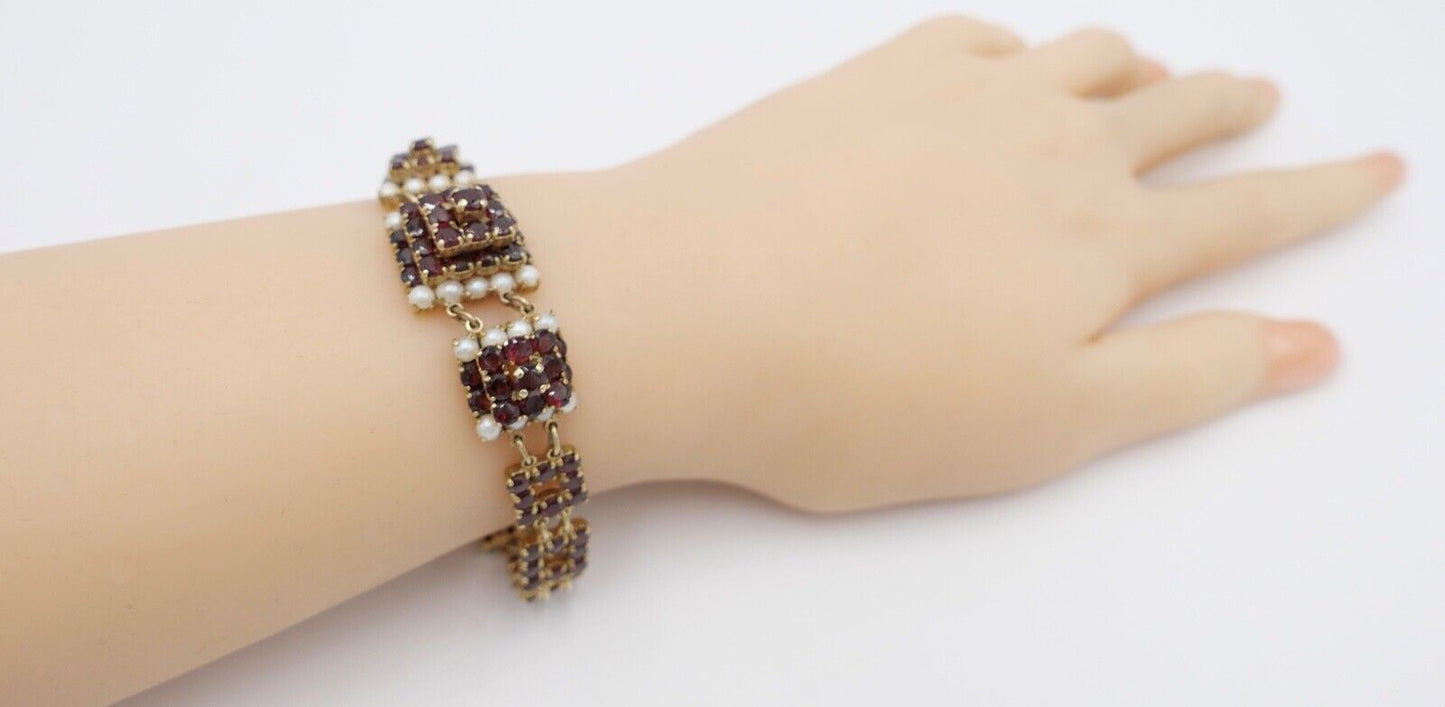 80er Jahre Gold Armband mit Granat und Perle 333 / 8 K Gold - Antikhandel-Stuttgart