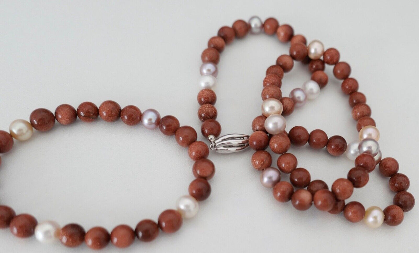 SET Perlenkette Armband Goldfluss Gold 585 /14K pearl Ø 8,3 mm 51 cm rosa Perlen - Antikhandel-Stuttgart