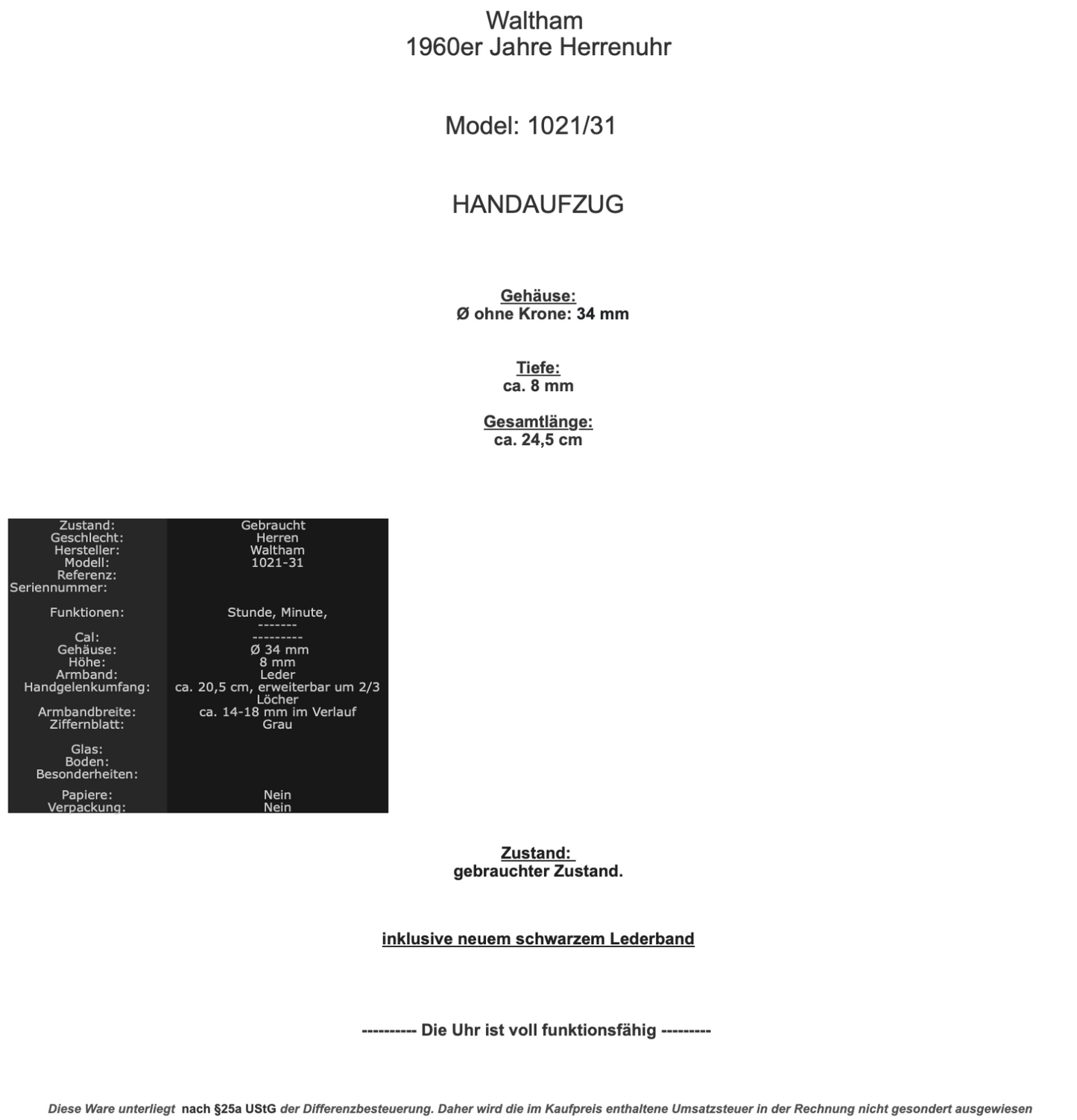 Waltham 1021-31 USA 1960er Jahre Herrenuhr Ø 34 mm HANDAUFZUG - Antikhandel-Stuttgart